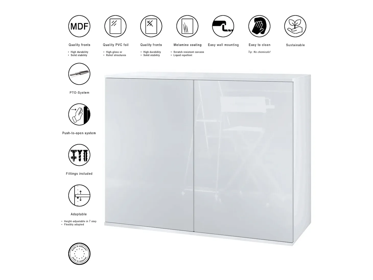 Aparador Skadu V3, Armario de Cocina Moderno con 2 Puertas Grandes blanco mate / gris arena de alto brillo (92,5 x 73.5 x 35)