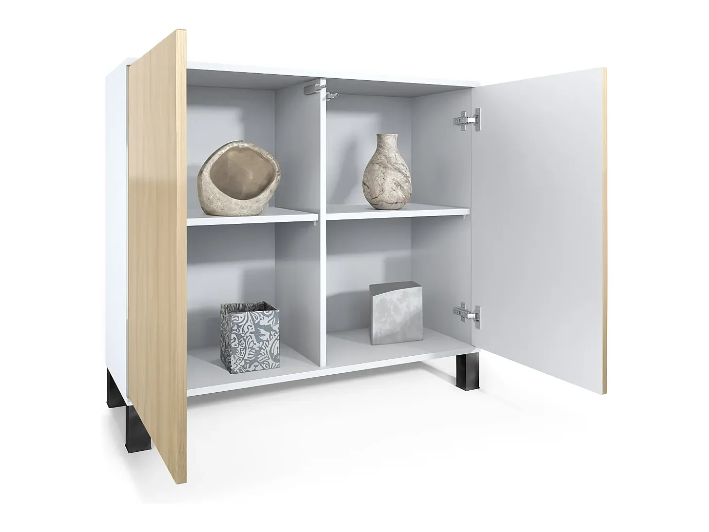 Aparador Skadu V3, Armario de Cocina Moderno con 2 Puertas Grandes blanco mate / negro de alto brillo (92,5 x 84.5 x 35)