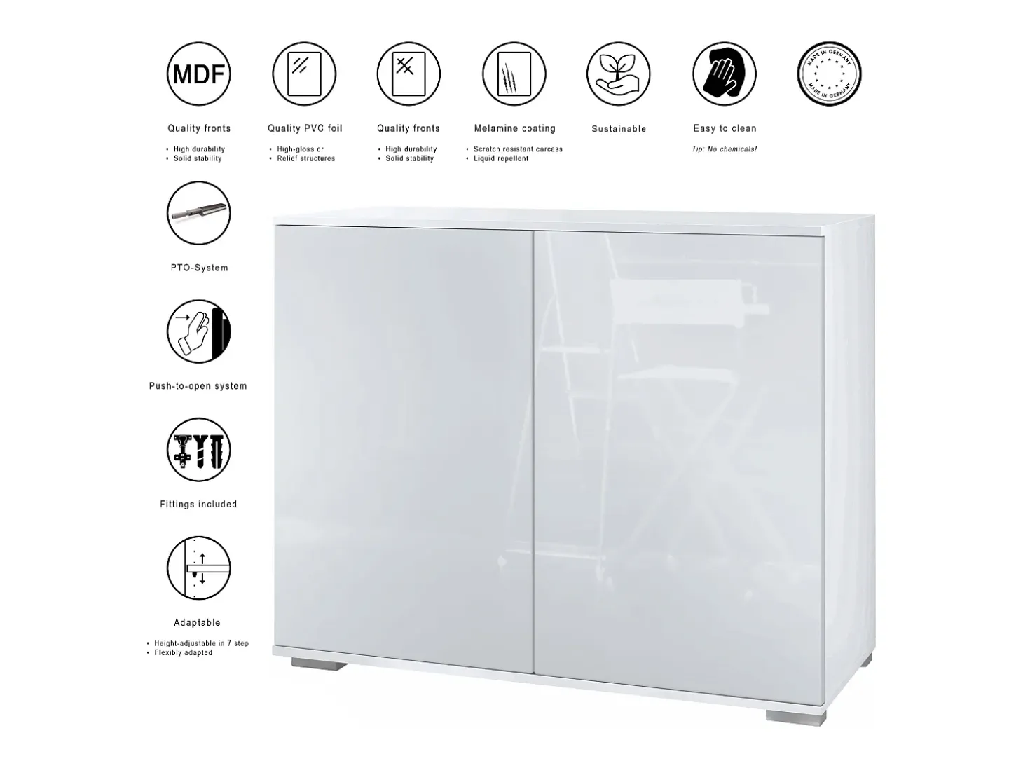 Aparador Skadu V3, Armario de Cocina Moderno con 2 Puertas Grandes blanco mate / gris de alto brillo (92,5 x 75.5 x 35)