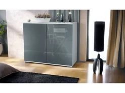 Aparador Skadu V3, Armario de Cocina Moderno con 2 Puertas Grandes blanco mate / gris de alto brillo (92,5 x 75.5 x 35)