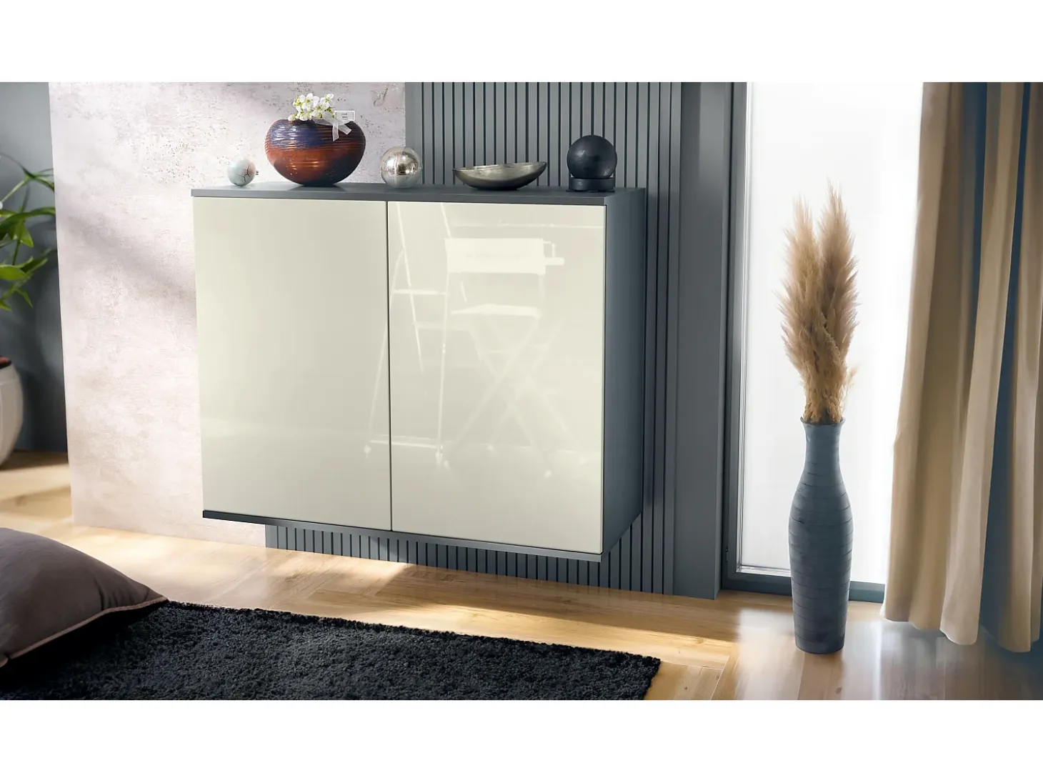 Aparador Skadu V3, Armario de Cocina Moderno con 2 Puertas Grandes antracita mate / crema de alto brillo (92,5 x 73.5 x 35)