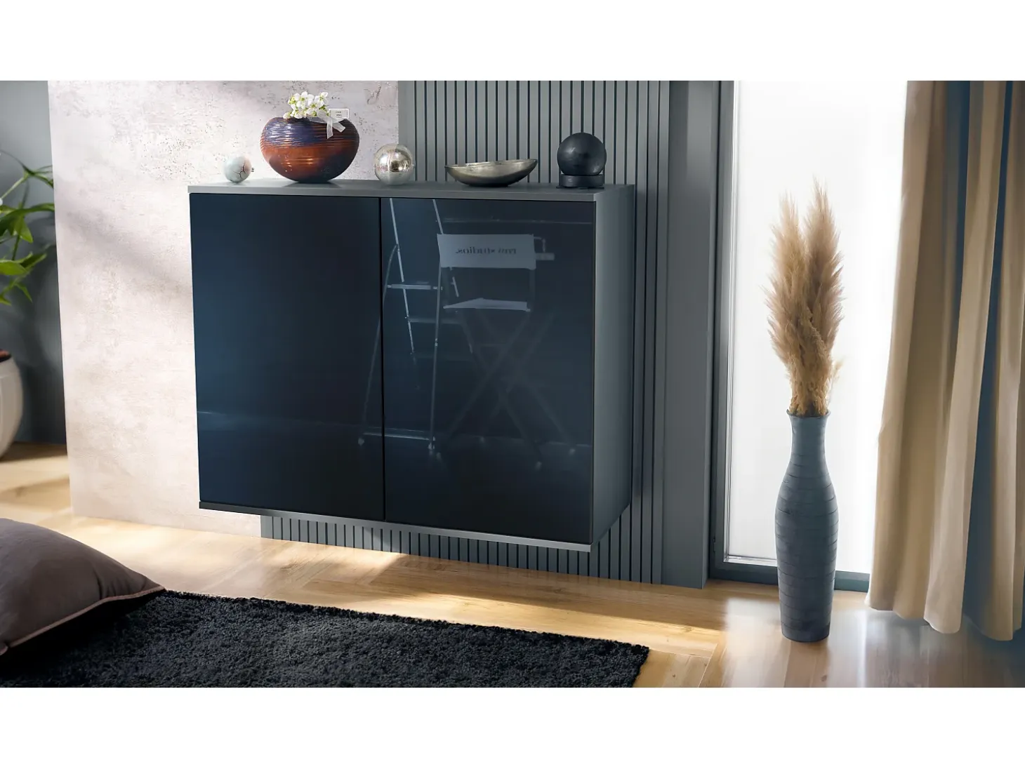 Aparador Skadu V3, Armario de Cocina Moderno con 2 Puertas Grandes antracita mate / negro de alto brillo (92,5 x 73.5 x 35)
