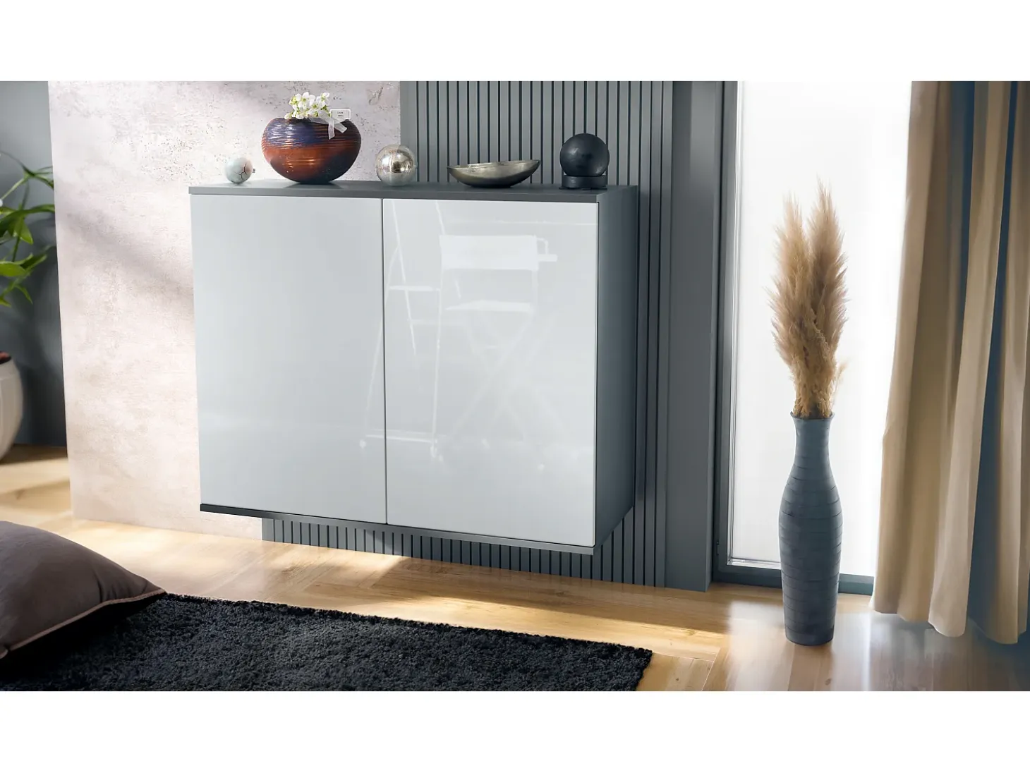 Aparador Skadu V3, Armario de Cocina Moderno con 2 Puertas Grandes antracita mate / blanco de alto brillo (92,5 x 73.5 x 35)