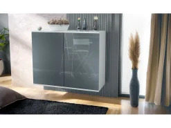 Aparador Skadu V3, Armario de Cocina Moderno con 2 Puertas Grandes blanco mate / gris de alto brillo (92,5 x 73.5 x 35)