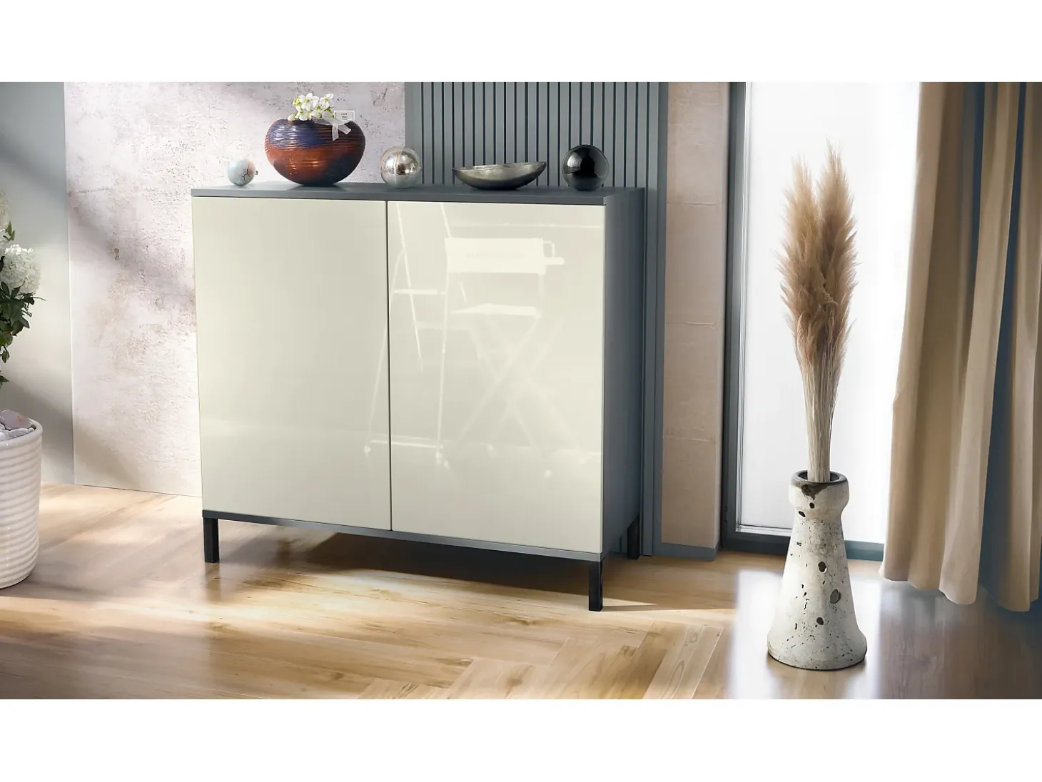 Aparador Skadu V3, Armario de Cocina Moderno con 2 Puertas Grandes antracita mate / crema de alto brillo (92,5 x 83.5 x 35)