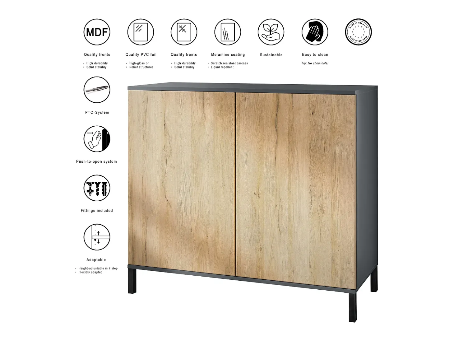 Aparador Skadu V3, Armario de Cocina Moderno con 2 Puertas Grandes antracita mate / crema de alto brillo (92,5 x 83.5 x 35)