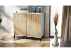Aparador Skadu V3, Armario de Cocina Moderno con 2 Puertas Grandes blanco mate / roble natural (92,5 x 83.5 x 35)