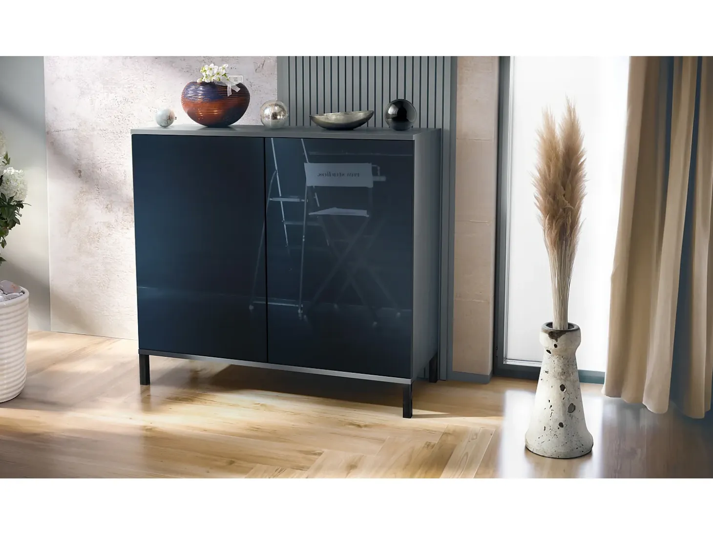 Aparador Skadu V3, Armario de Cocina Moderno con 2 Puertas Grandes antracita mate / negro de alto brillo (92,5 x 83.5 x 35)