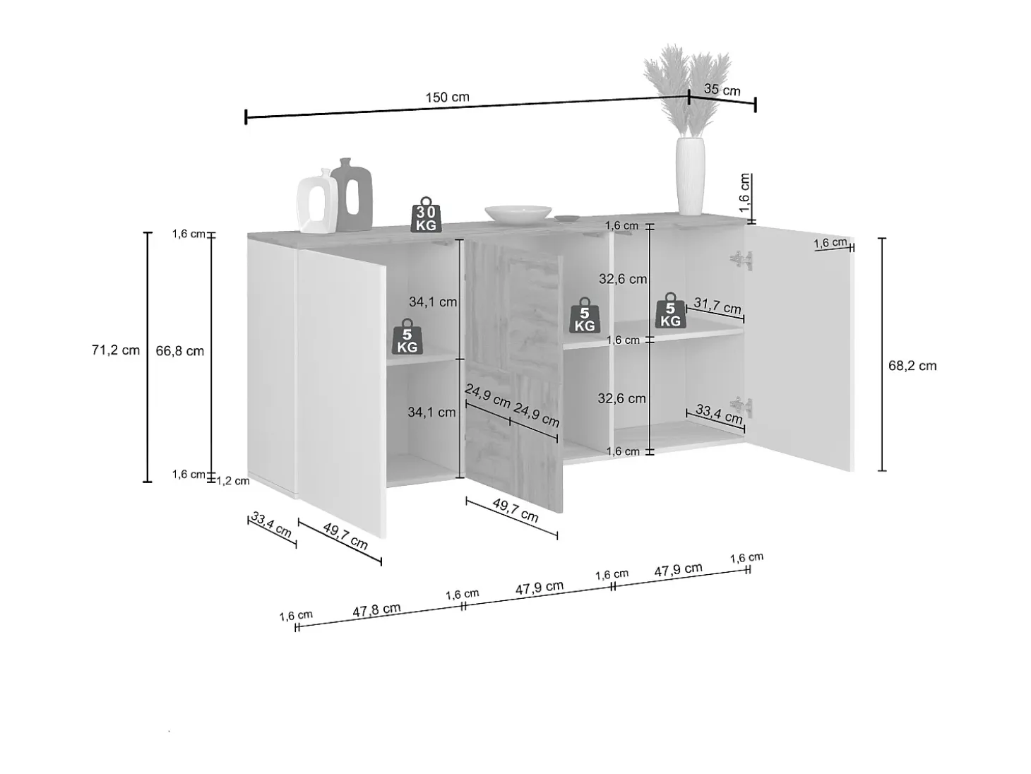 Aparador suspendido Iseo con 3 puertas y 6 compartimentos internos, color antracita mate y roble, 150x35x70 cm