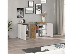 Aparador suspendido Iseo con 3 puertas y 6 compartimentos internos blanco brillo y roble 150x35x70 cm