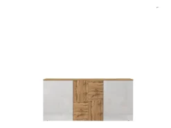 Aparador suspendido Iseo con 3 puertas y 6 compartimentos internos blanco brillo y roble 150x35x70 cm