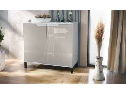 Aparador Sylt V3, Armario de Cocina Moderno con 2 Puertas Grandes blanco mate / gris arena de alto brillo (92,5 x 83.5 x 35)