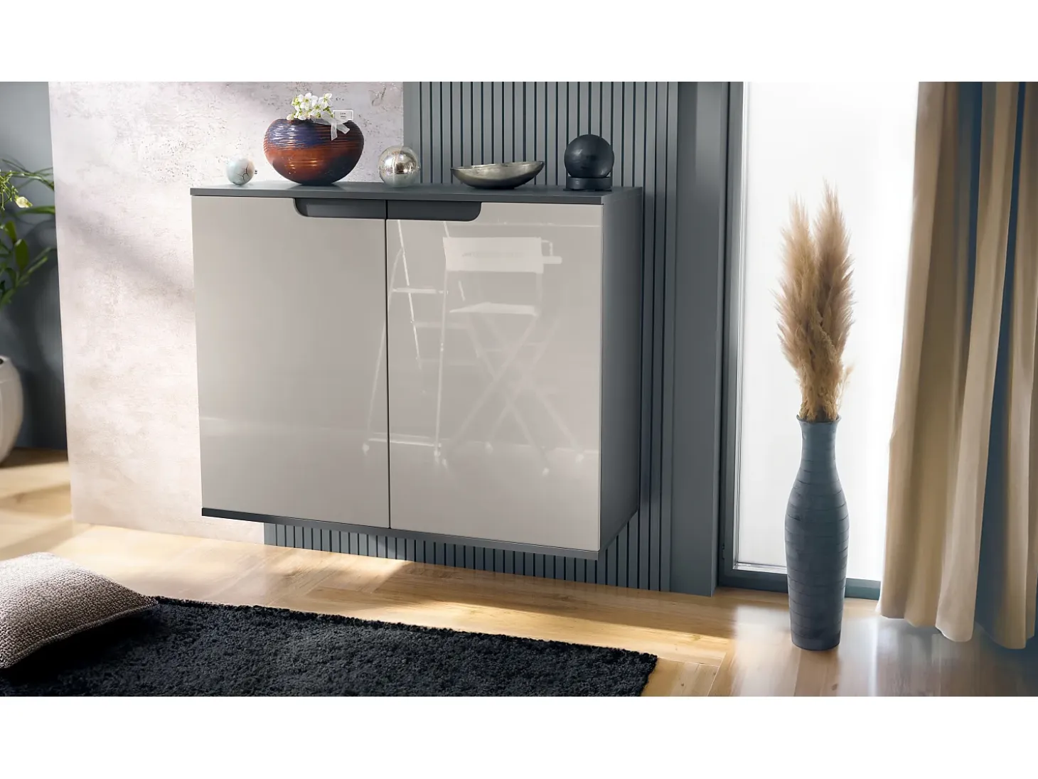Aparador Sylt V3, Armario de Cocina Moderno con 2 Puertas Grandes antracita mate / gris arena de alto brillo (92,5 x 73.5 x 35)