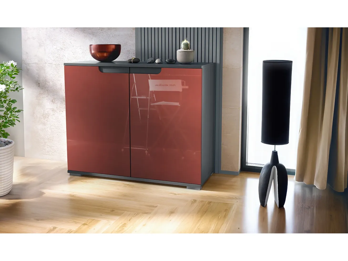 Aparador Sylt V3, Armario de Cocina Moderno con 2 Puertas Grandes antracita mate / burdeos de alto brillo (92,5 x 75.5 x 35)