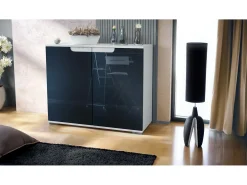 Aparador Sylt V3, Armario de Cocina Moderno con 2 Puertas Grandes blanco mate / negro de alto brillo (92,5 x 75.5 x 35)