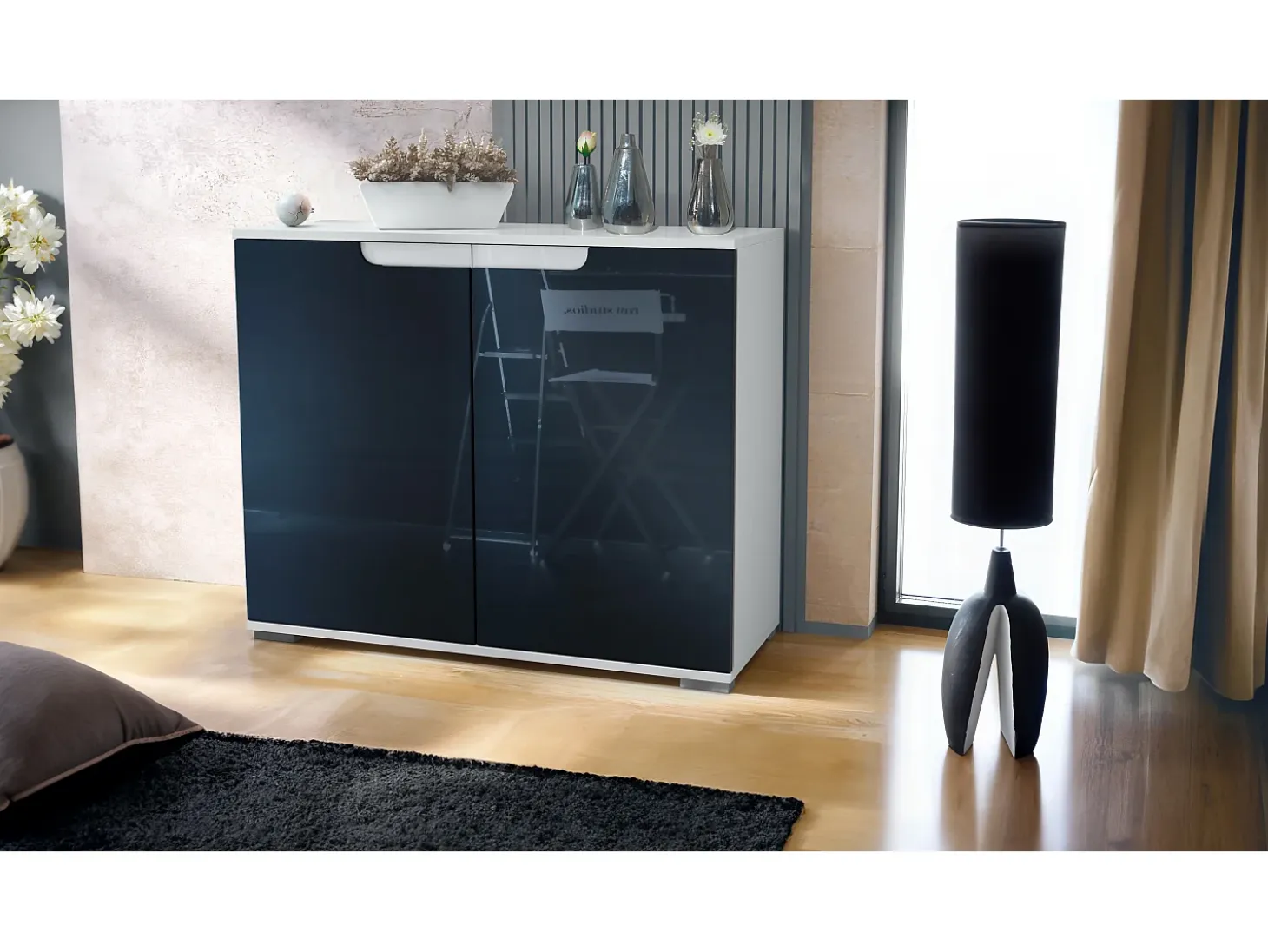 Aparador Sylt V3, Armario de Cocina Moderno con 2 Puertas Grandes blanco mate / negro de alto brillo (92,5 x 75.5 x 35)