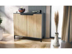 Aparador Sylt V3, Armario de Cocina Moderno con 2 Puertas Grandes antracita mate / roble natural (92,5 x 83.5 x 35)