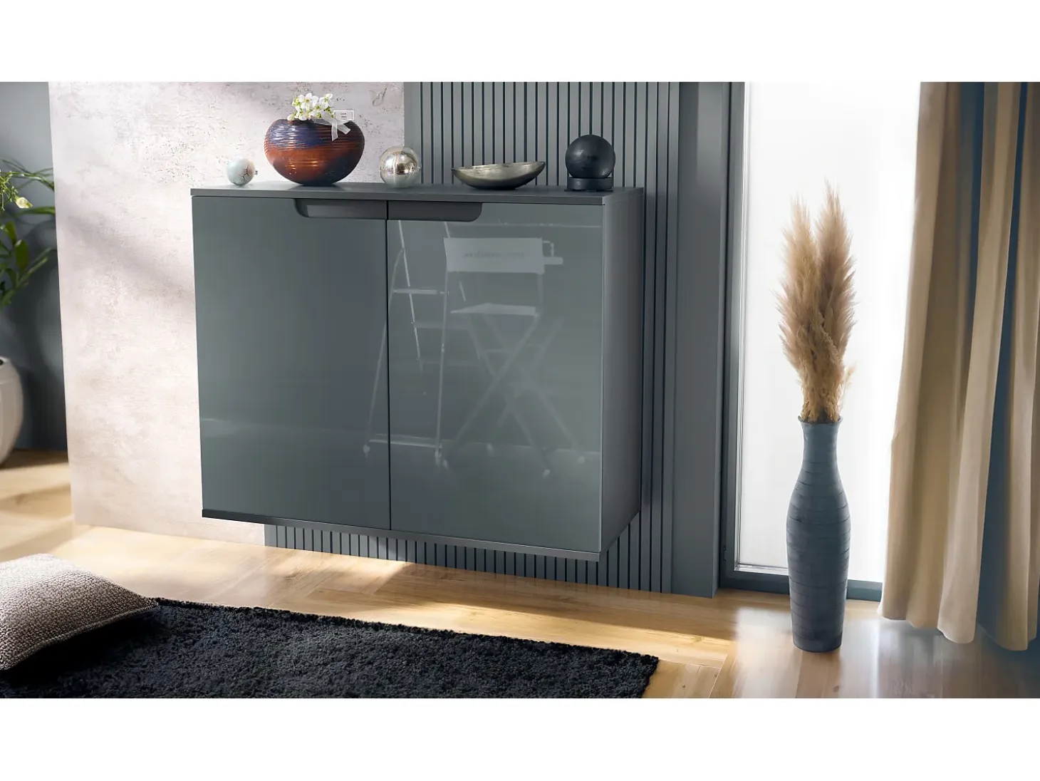 Aparador Sylt V3, Armario de Cocina Moderno con 2 Puertas Grandes antracita mate / gris de alto brillo (92,5 x 73.5 x 35)