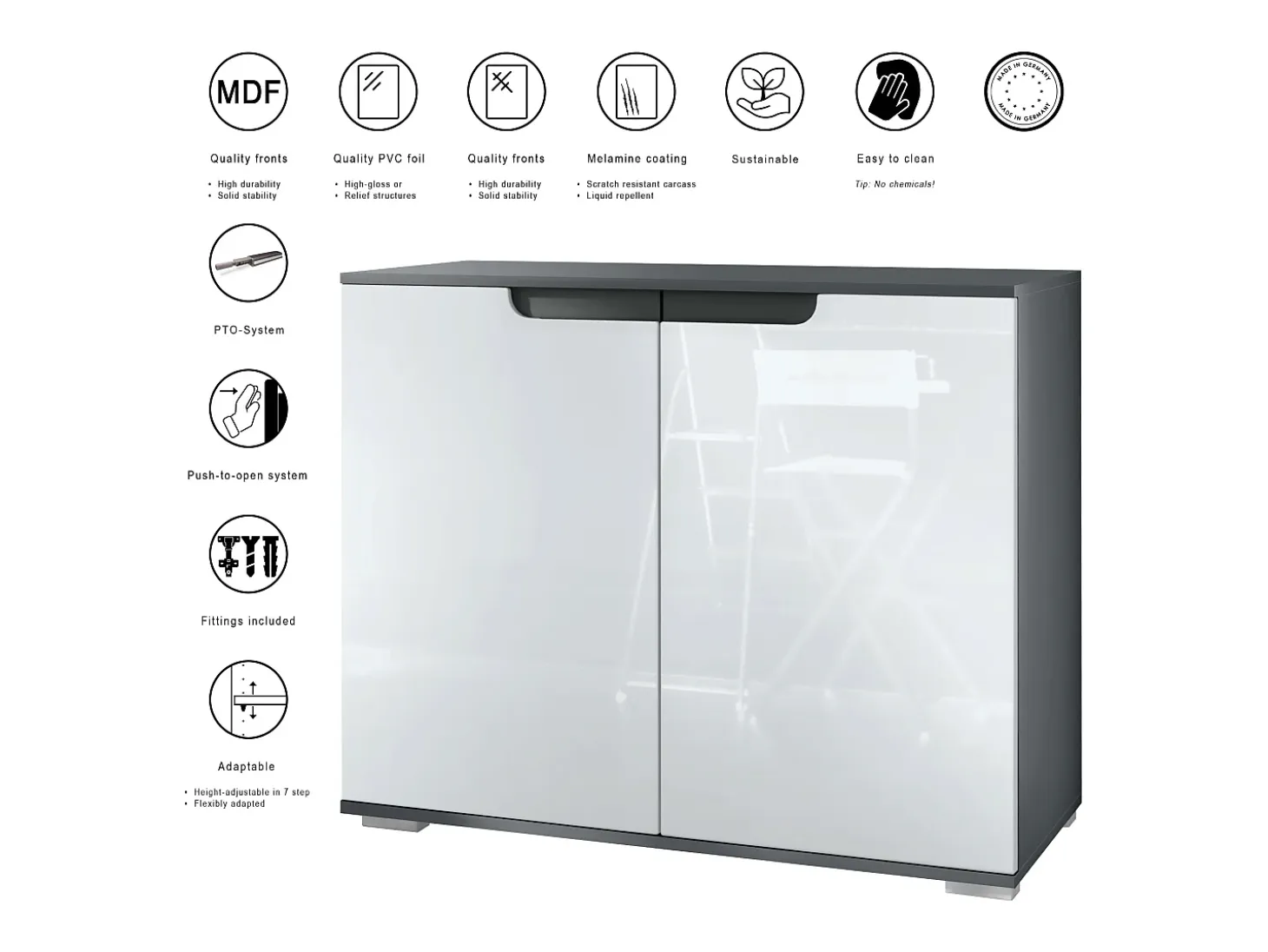 Aparador Sylt V3, Armario de Cocina Moderno con 2 Puertas Grandes antracita mate / gris claro satinado (92,5 x 75.5 x 35)