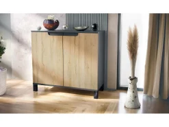 Aparador Sylt V3, Armario de Cocina Moderno con 2 Puertas Grandes antracita mate / roble natural (92,5 x 84.5 x 35)