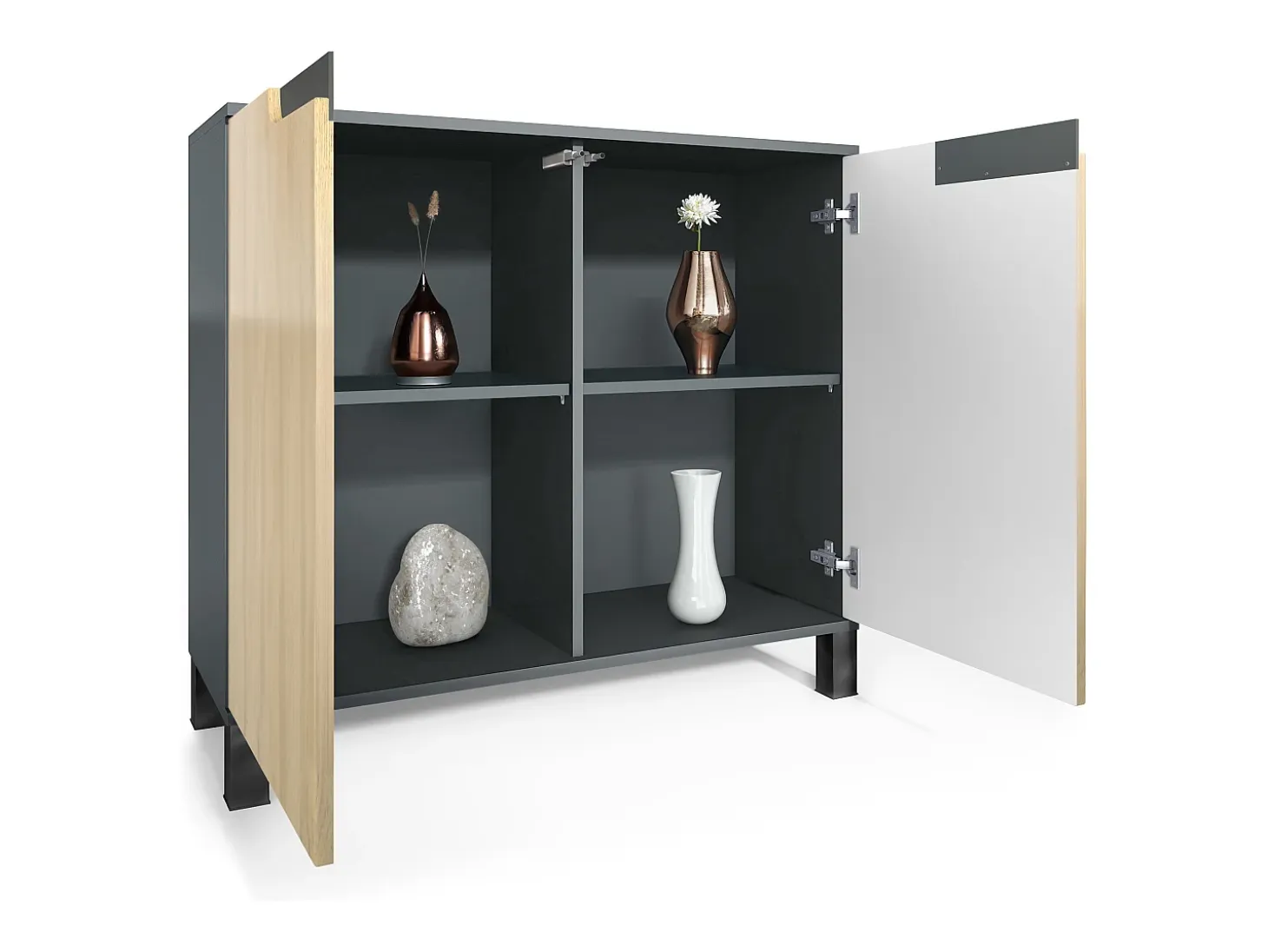 Aparador Sylt V3, Armario de Cocina Moderno con 2 Puertas Grandes antracita mate / gris claro satinado (92,5 x 84.5 x 35)