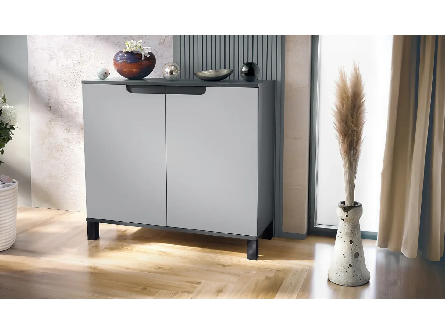 Aparador Sylt V3, Armario de Cocina Moderno con 2 Puertas Grandes antracita mate / gris claro satinado (92,5 x 84.5 x 35)