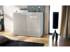 Aparador Sylt V3, Armario de Cocina Moderno con 2 Puertas Grandes blanco mate / gris arena de alto brillo (92,5 x 75.5 x 35)