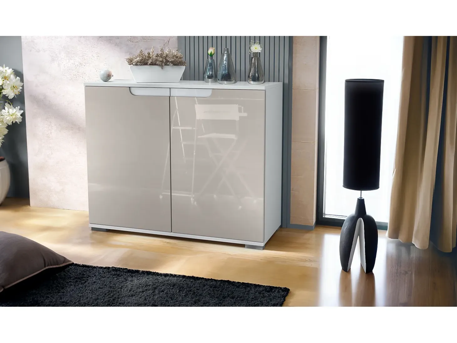 Aparador Sylt V3, Armario de Cocina Moderno con 2 Puertas Grandes blanco mate / gris arena de alto brillo (92,5 x 75.5 x 35)