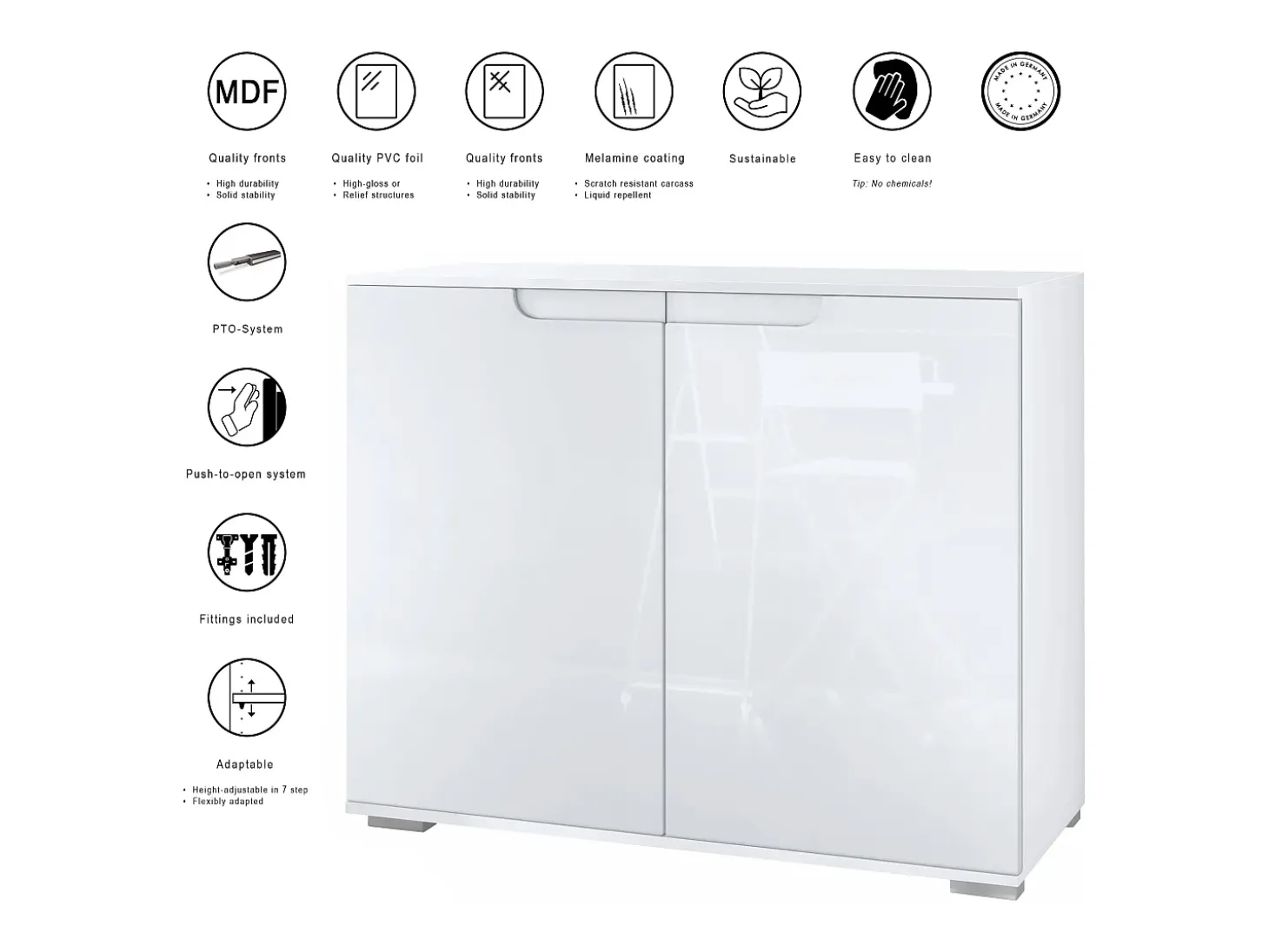 Aparador Sylt V3, Armario de Cocina Moderno con 2 Puertas Grandes blanco mate / gris arena de alto brillo (92,5 x 75.5 x 35)