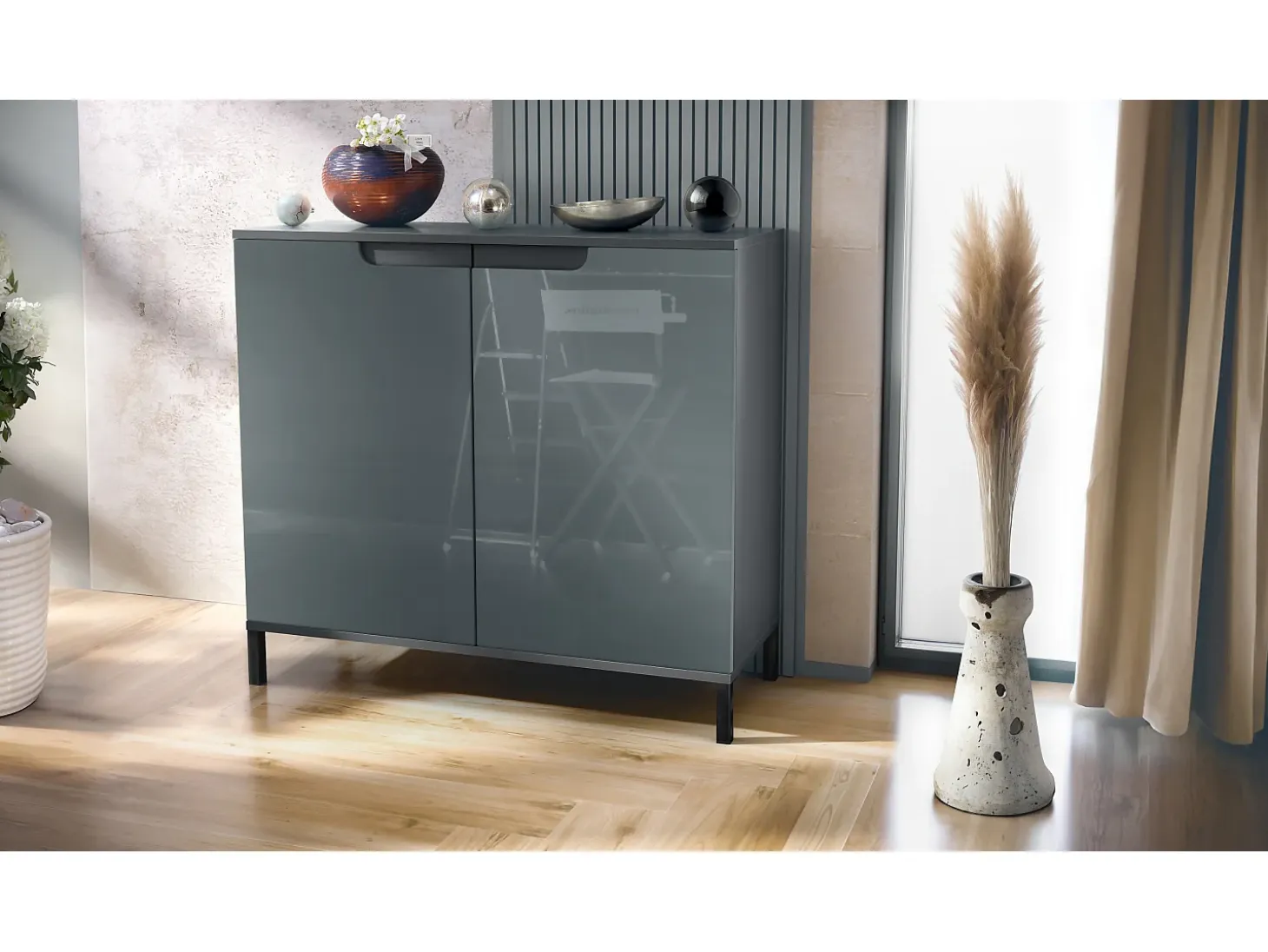 Aparador Sylt V3, Armario de Cocina Moderno con 2 Puertas Grandes antracita mate / gris de alto brillo (92,5 x 83.5 x 35)