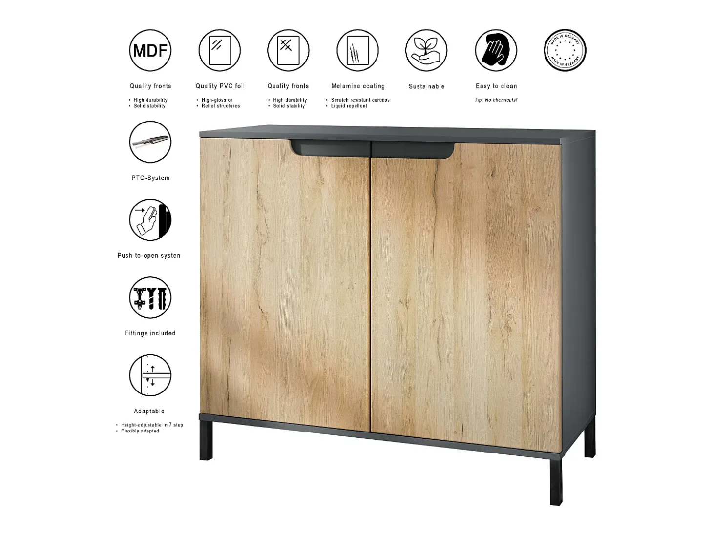 Aparador Sylt V3, Armario de Cocina Moderno con 2 Puertas Grandes antracita mate / gris de alto brillo (92,5 x 83.5 x 35)