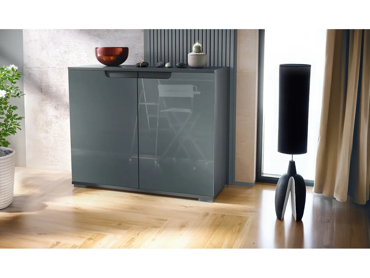 Aparador Sylt V3, Armario de Cocina Moderno con 2 Puertas Grandes antracita mate / gris de alto brillo (92,5 x 75.5 x 35)