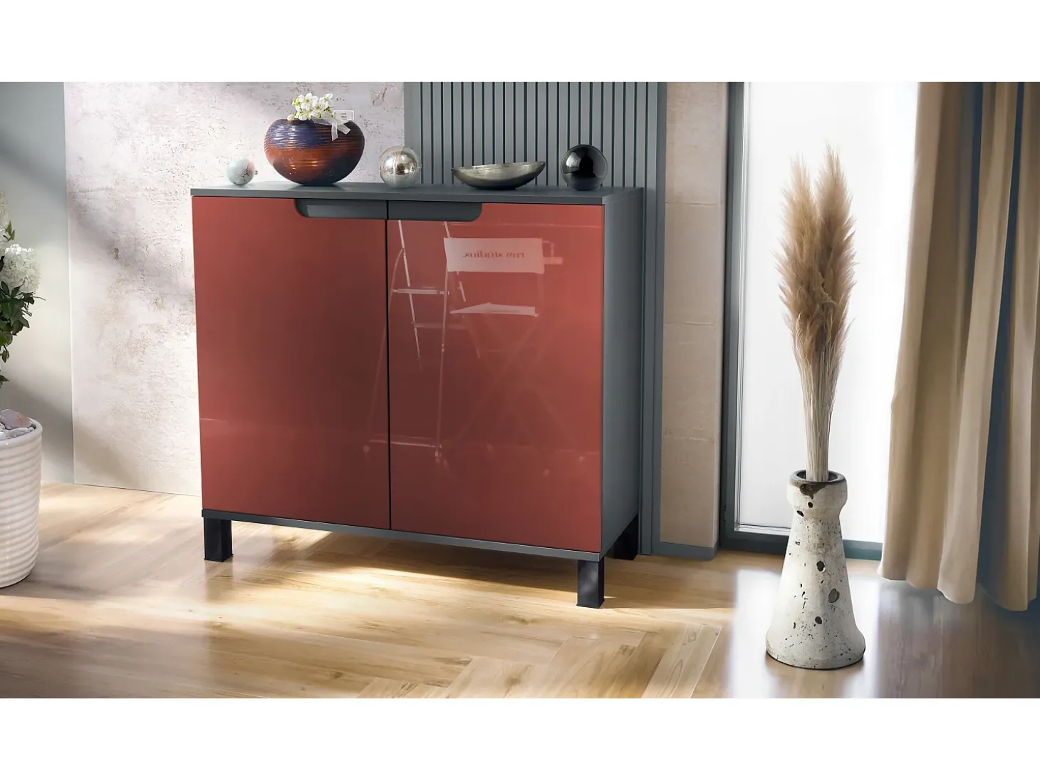 Aparador Sylt V3, Armario de Cocina Moderno con 2 Puertas Grandes antracita mate / burdeos de alto brillo (92,5 x 84.5 x 35)