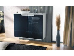 Aparador Sylt V3, Armario de Cocina Moderno con 2 Puertas Grandes blanco mate / negro de alto brillo (92,5 x 73.5 x 35)