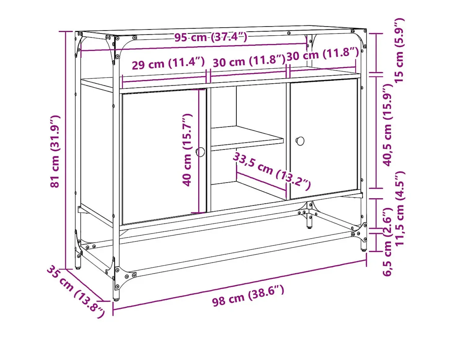 Aparador tapa de cristal y madera ingeniería negro 98x35x81 cm