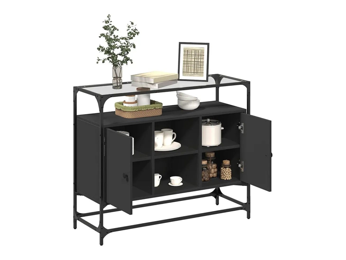 Aparador tapa de cristal y madera ingeniería negro 98x35x81 cm