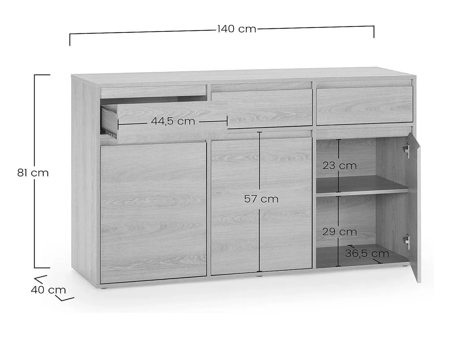 Aparador Tori 3 Puertas 3 cajones, Color Roble, 140 cm