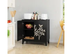Aparador vintage con escultura floral, MDF, color negro (80 x 38 x 76 cm)