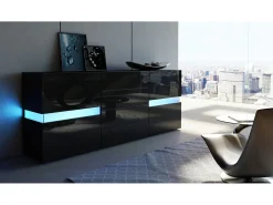 Aparador Vladon Flow, negro mate/negro de alto brillo - Cómoda moderna con acristalamiento Ambient Light para su salón (177 x 75 x 39 cm)