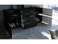 Aparador Vladon Flow, negro mate/negro de alto brillo - Cómoda moderna con acristalamiento Ambient Light para su salón (177 x 75 x 39 cm)