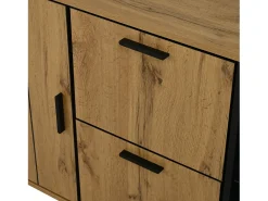 Aparador 160x40x73 cm - 2 puertas y 2 cajones - Iluminación LED - Estante de vidrio - Aspecto madera - MDF - Natural + Negro