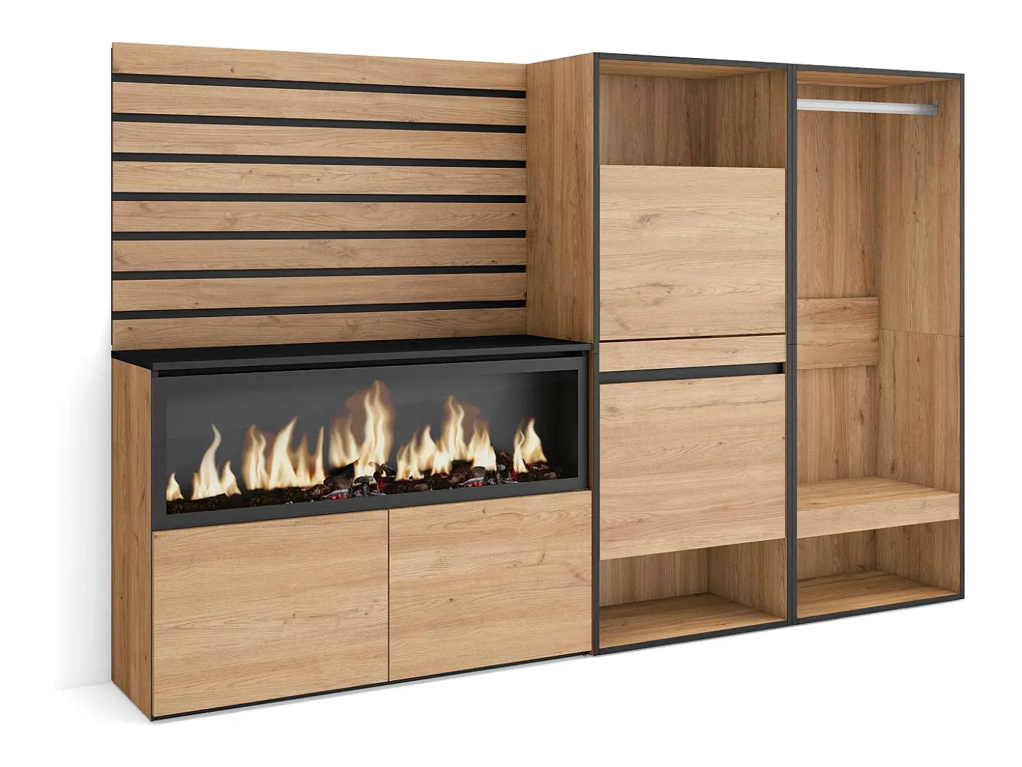Aparador, 227x145x35 cm, Dormitorio, habitación, Chimenea eléctrica XXL, Zapatero, Vestidor abierto, Roble