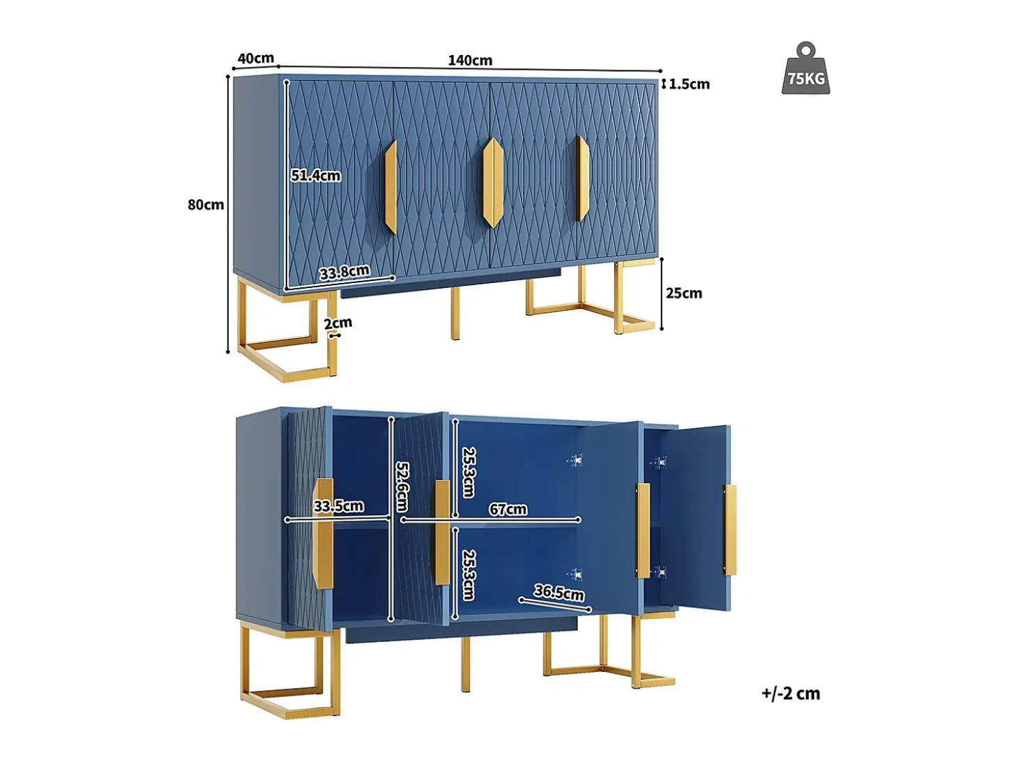 Aparador 140x40x80 cm, estilo contemporáneo, con cuatro puertas y dos estantes regulables en altura, azul