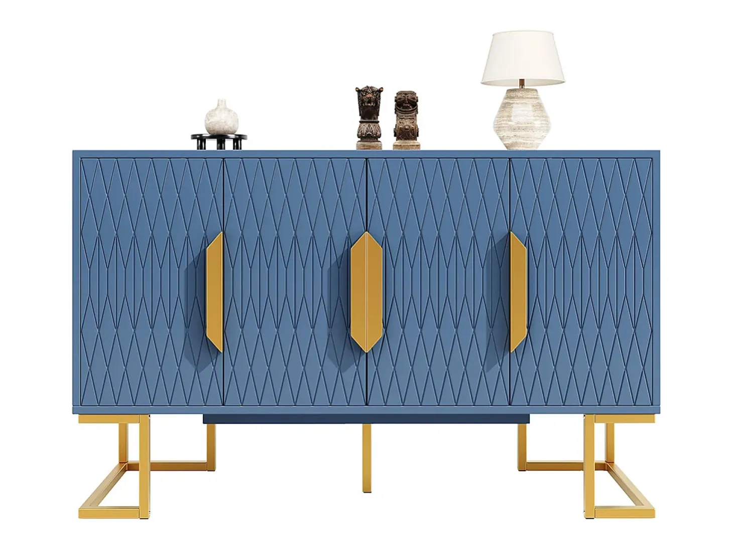Aparador 140x40x80 cm, estilo contemporáneo, con cuatro puertas y dos estantes regulables en altura, azul