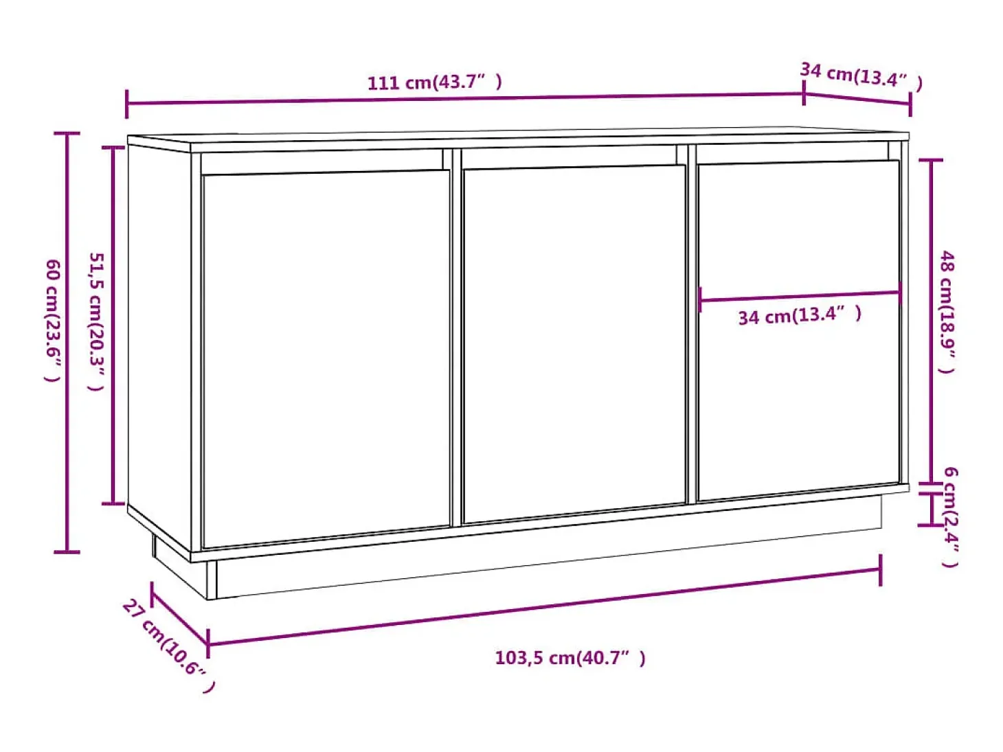 Aparador 111x34x60 cm Madera maciza de pino