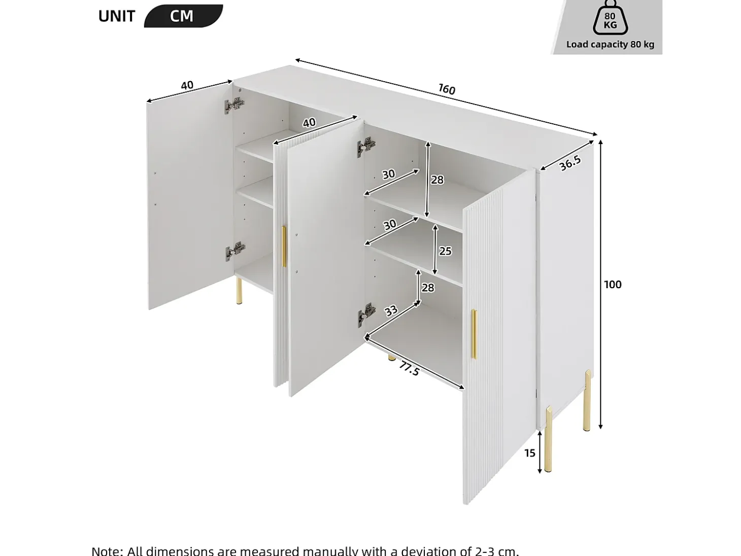 Aparador 160x35x100cm - 4 puertas - tablero de partículas - Blanco