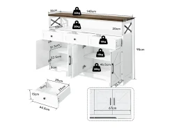 Aparador 140x35x95cm con 3 cajones, 4 puertas y 1 nicho, tablero imitación madera marrón, cuerpo blanco