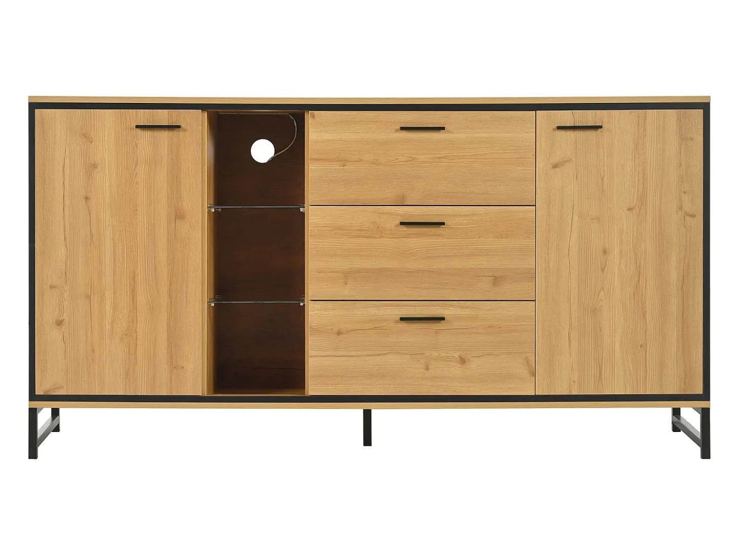 Aparador 160x40x85cm con 3 cajones, 2 puertas, 3 nichos y LED, cuerpo en chapa de madera natural clara