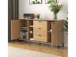 Aparador 160x40x85cm con 3 cajones, 2 puertas, 3 nichos y LED, cuerpo en chapa de madera natural clara