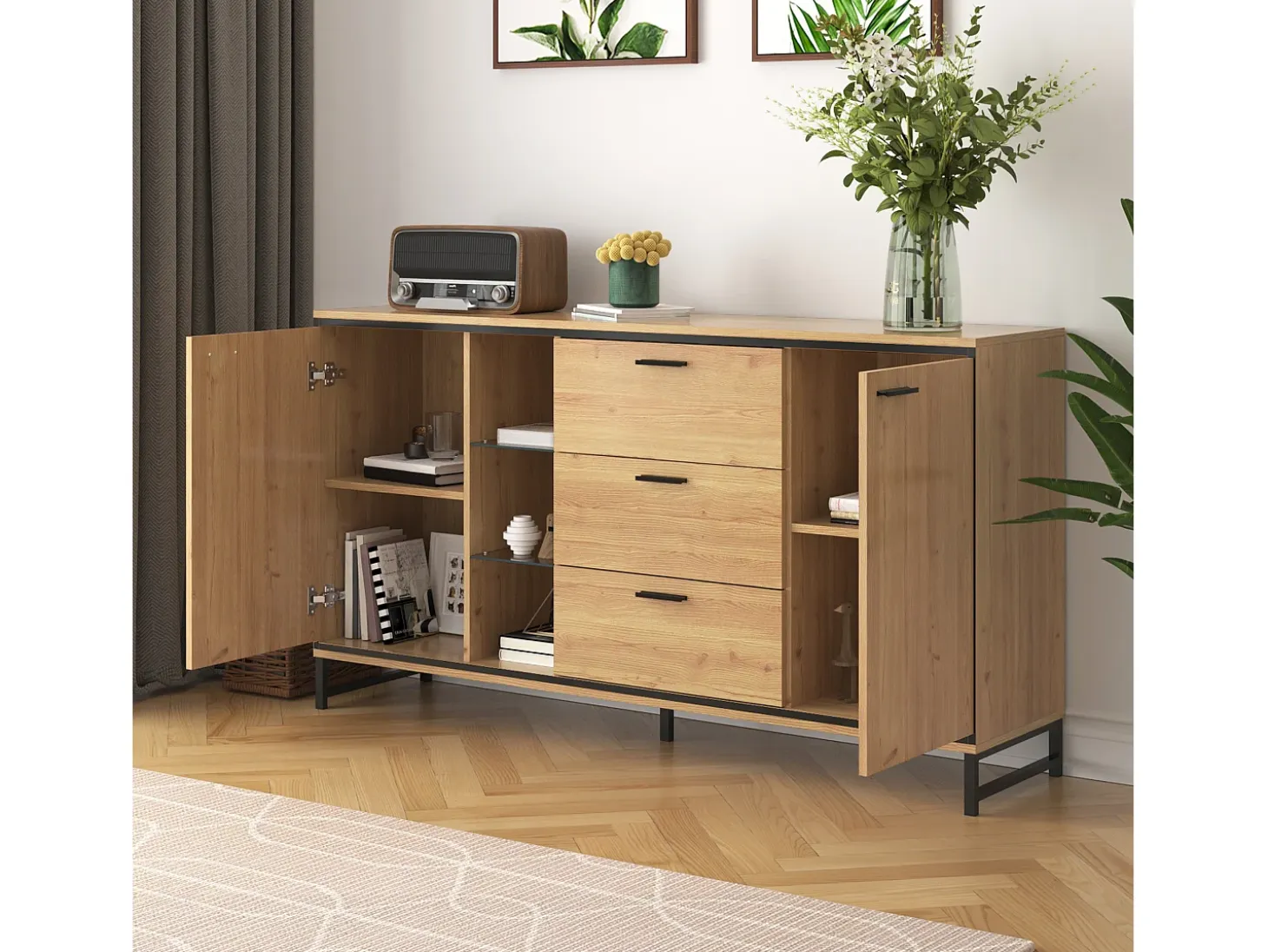 Aparador 160x40x85cm con 3 cajones, 2 puertas, 3 nichos y LED, cuerpo en chapa de madera natural clara